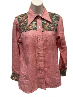 Vintage 1970s The Shirtery button down long sleeve shirt floral contrast medium